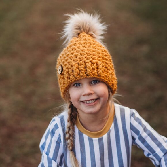 Adult, Mens Ladies Mustard crochet hat, faux fur Pompom, mommy and me, toque - Picture 4 of 5